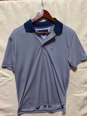 Tommy Hilfiger Golf Men’s Navy & White Striped Polo Shirt Size Medium golf shirt